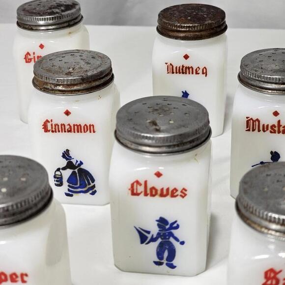Vintage Set OF 8 Hazel Atlas Milk Glass Dutch Spice Jars Set - Picture 4 of 7